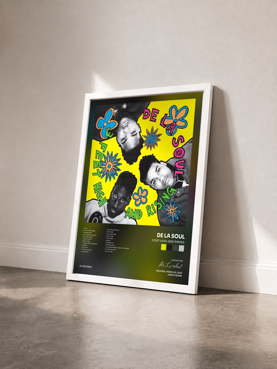 #blanc Tableau de l'album 3 Feet High and Rising de De La Soul vu de trois quarts, cadre blanc