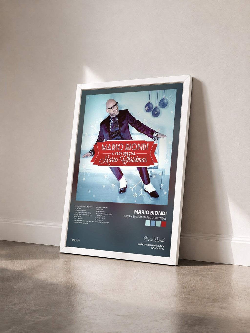 #blanc Tableau de l'album A Very Special Mario Christmas de Mario Biondi vu de trois quarts, cadre blanc