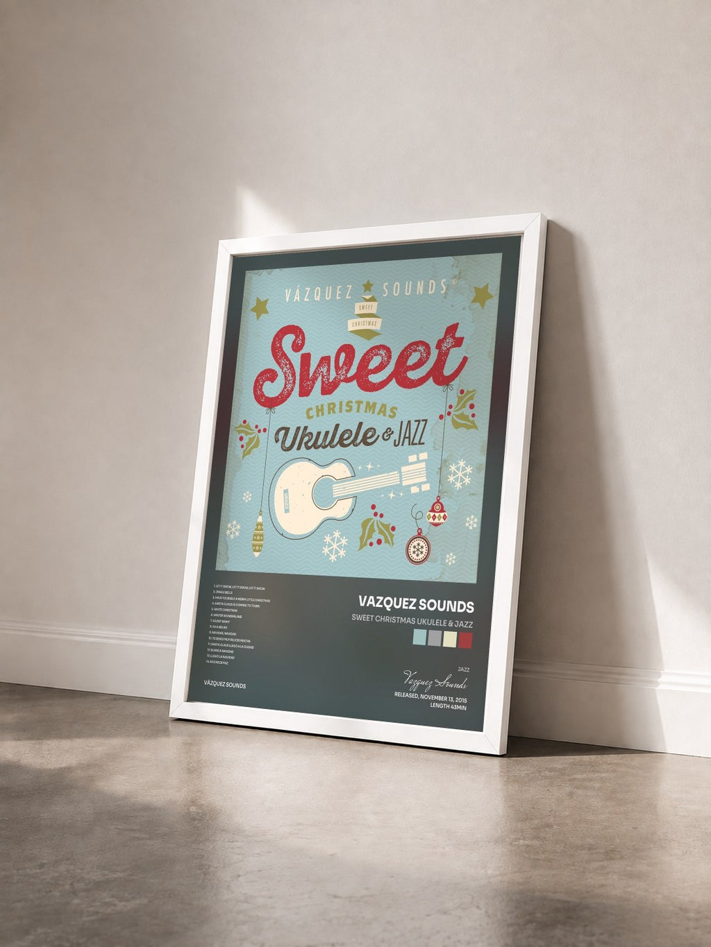#blanc Tableau de l'album Sweet Christmas Ukulele & Jazz de Vazquez Sounds vu de trois quarts, cadre blanc