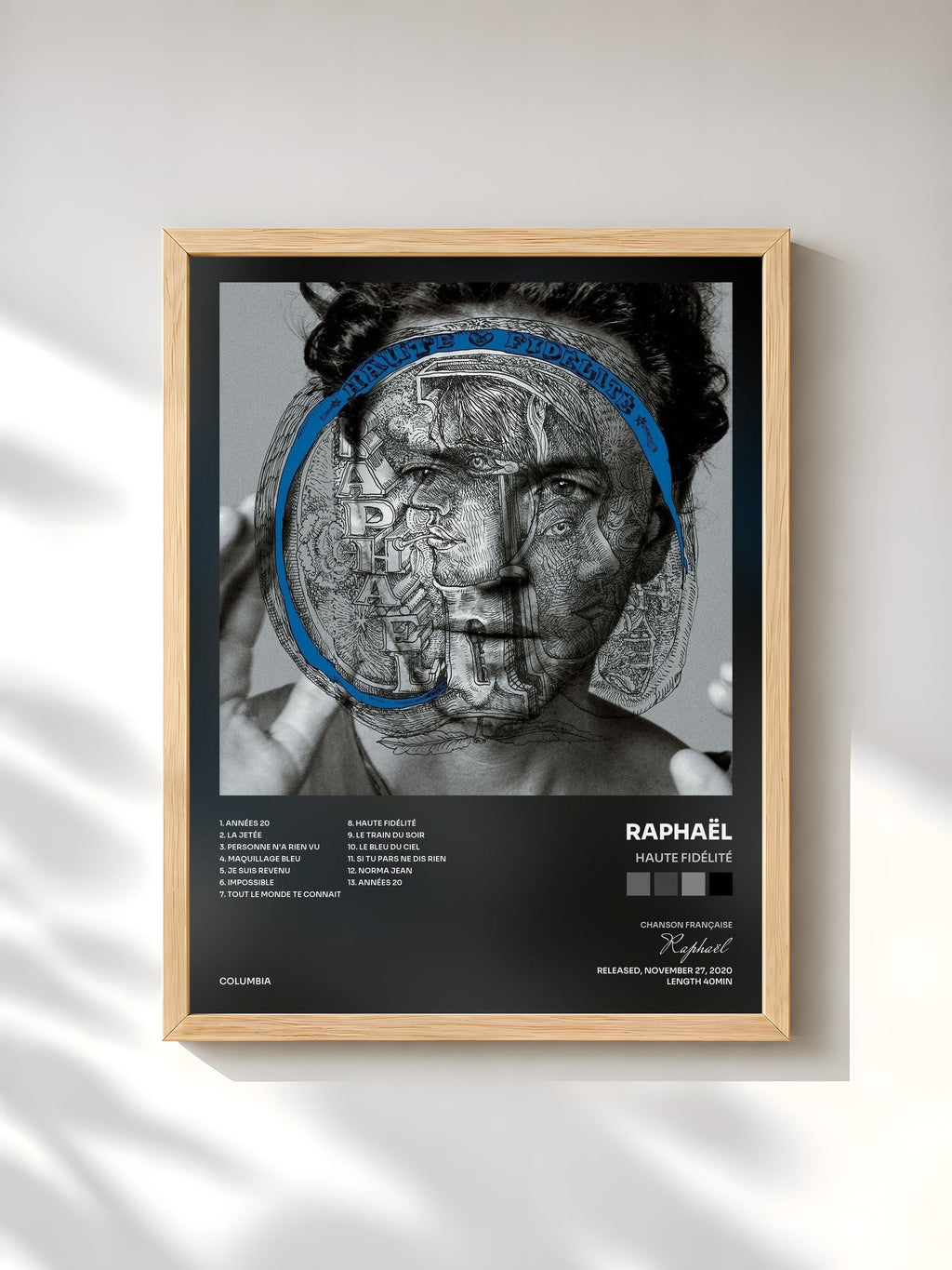 #bois Tableau de l'album Haute fidélité de Raphaël, cadre en bois brut, imprimé et encadré en France