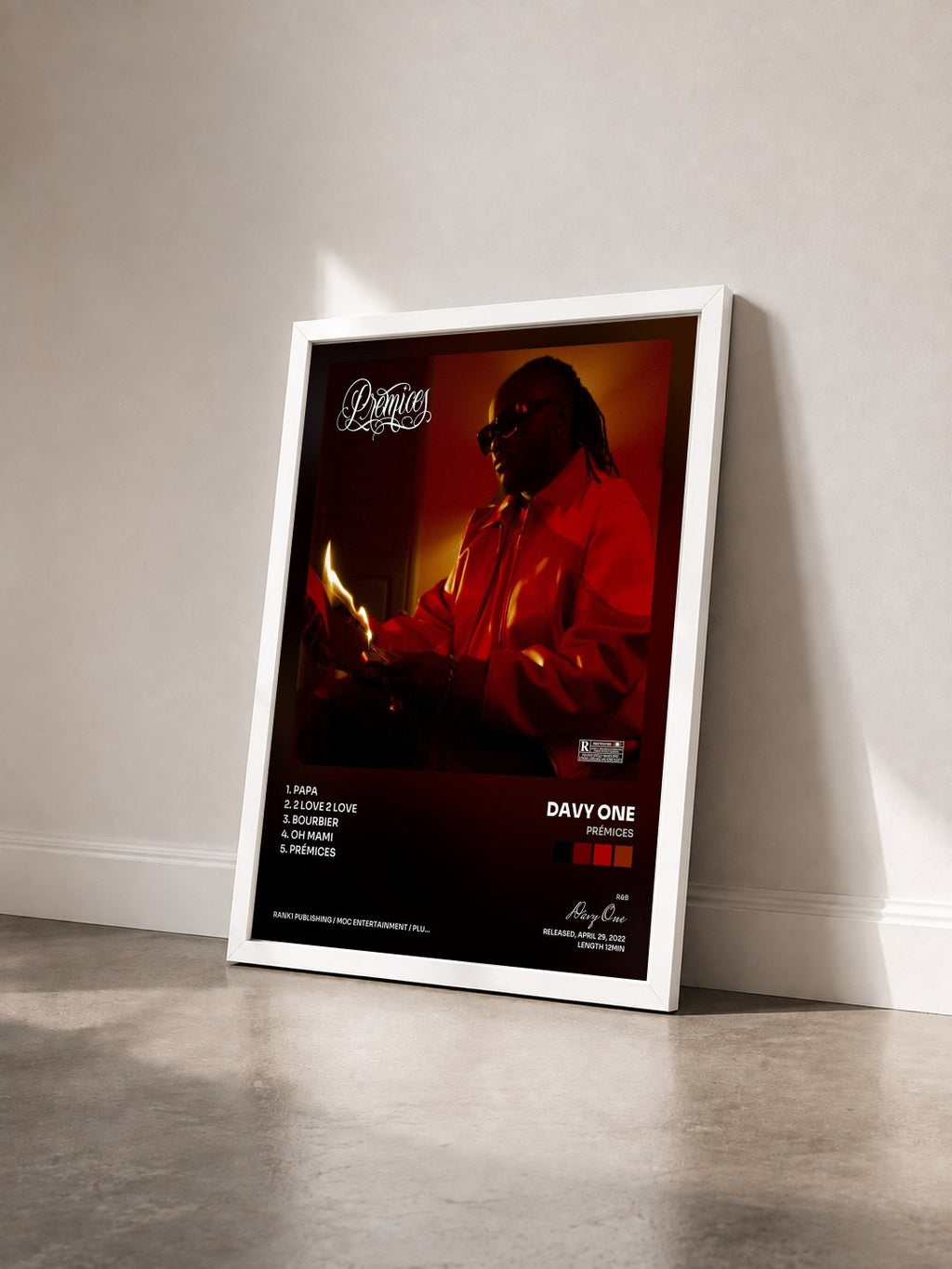 #blanc Tableau de l'album Prémices de Davy One vu de trois quarts, cadre blanc