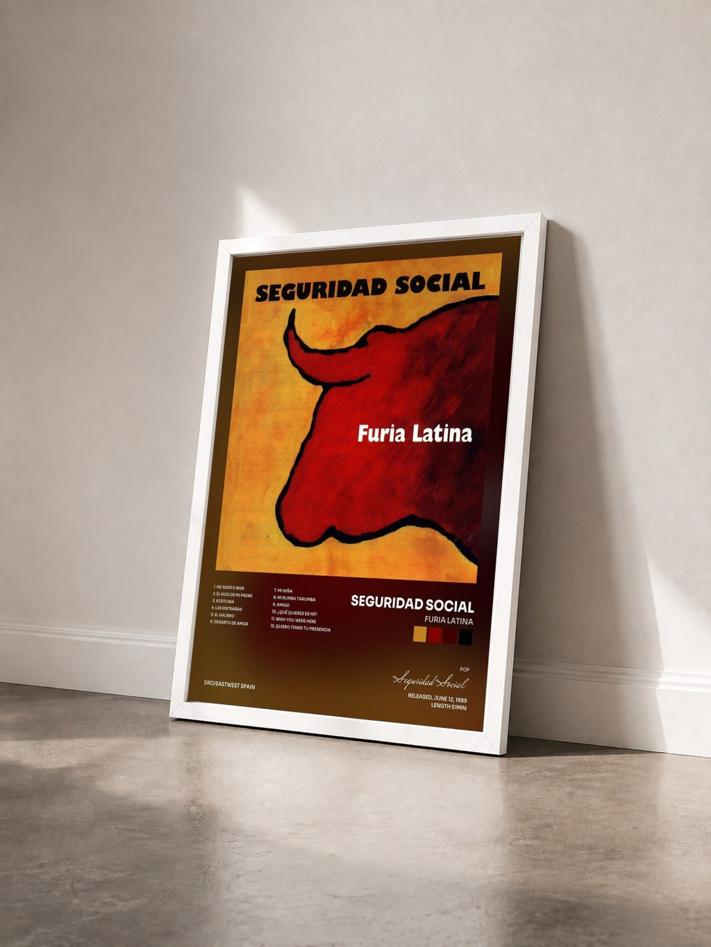 #blanc Tableau de l'album Furia Latina de Seguridad Social vu de trois quarts, cadre blanc