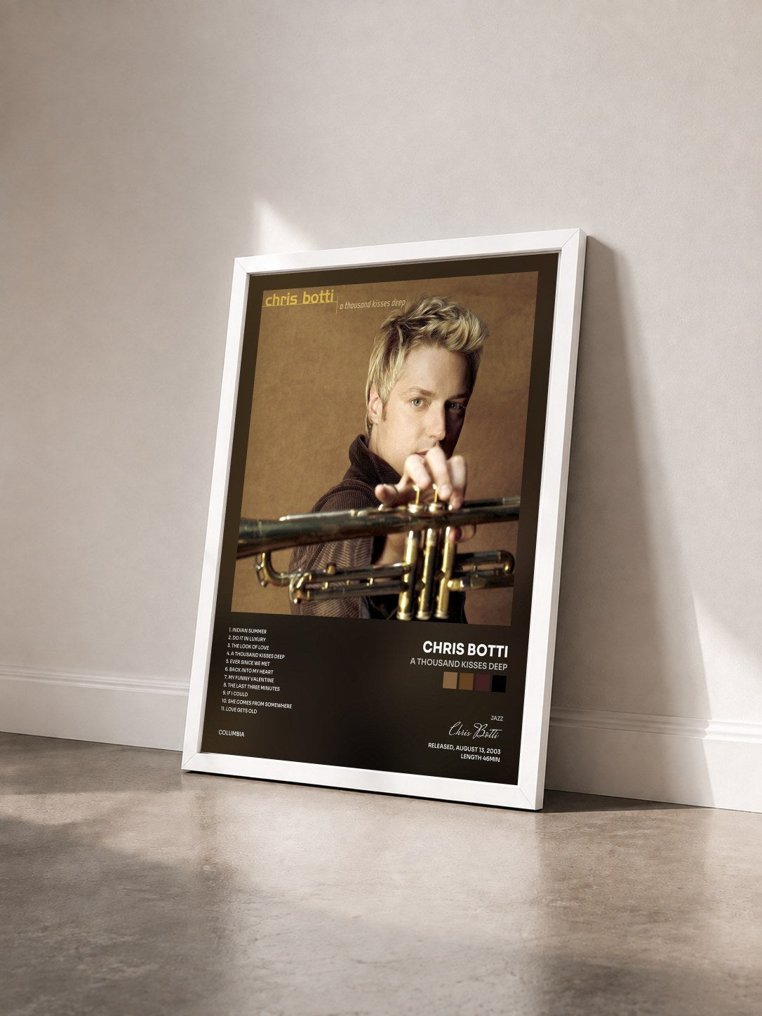#blanc Tableau de l'album A Thousand Kisses Deep de Chris Botti vu de trois quarts, cadre blanc