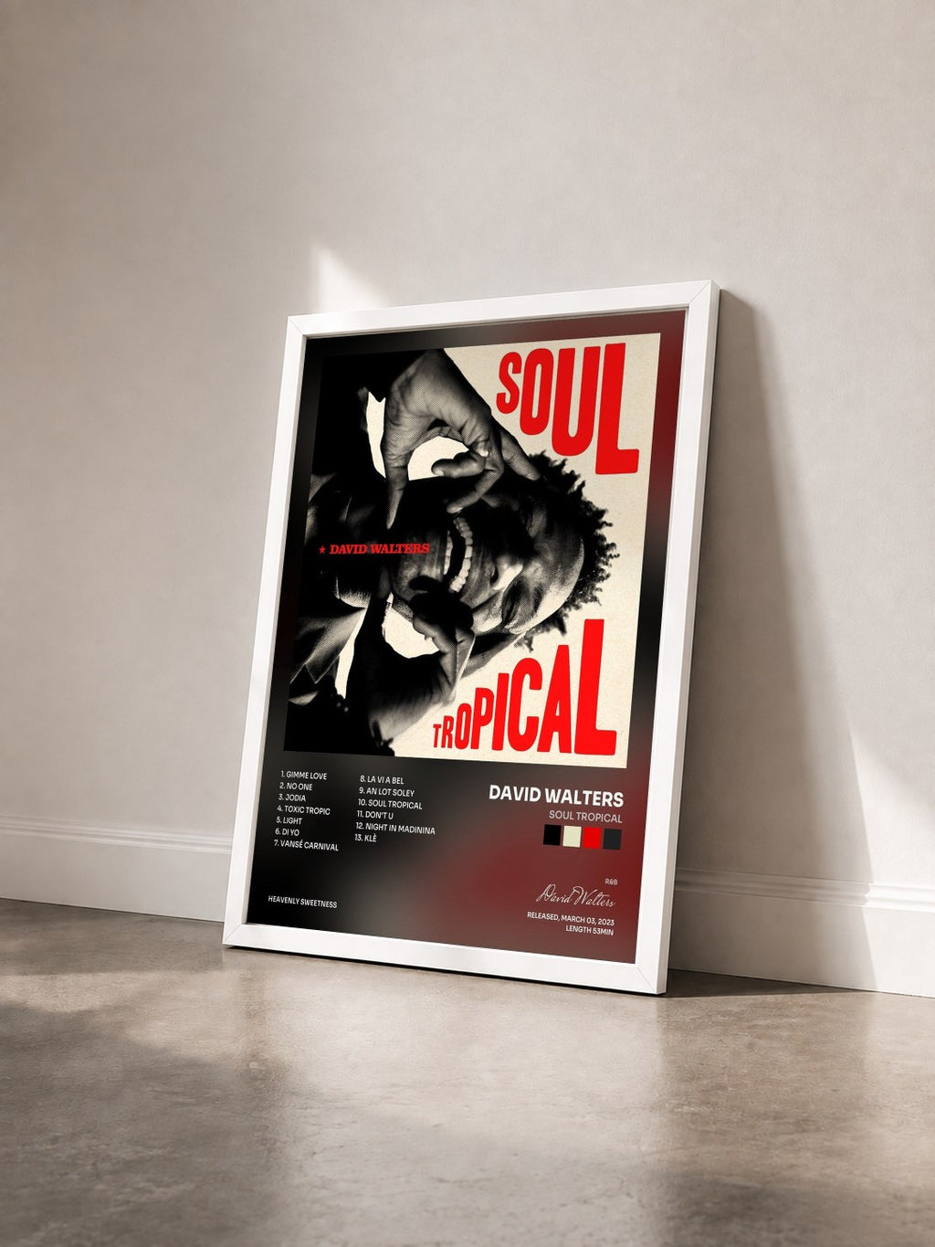 #blanc Tableau de l'album Soul Tropical de David Walters vu de trois quarts, cadre blanc