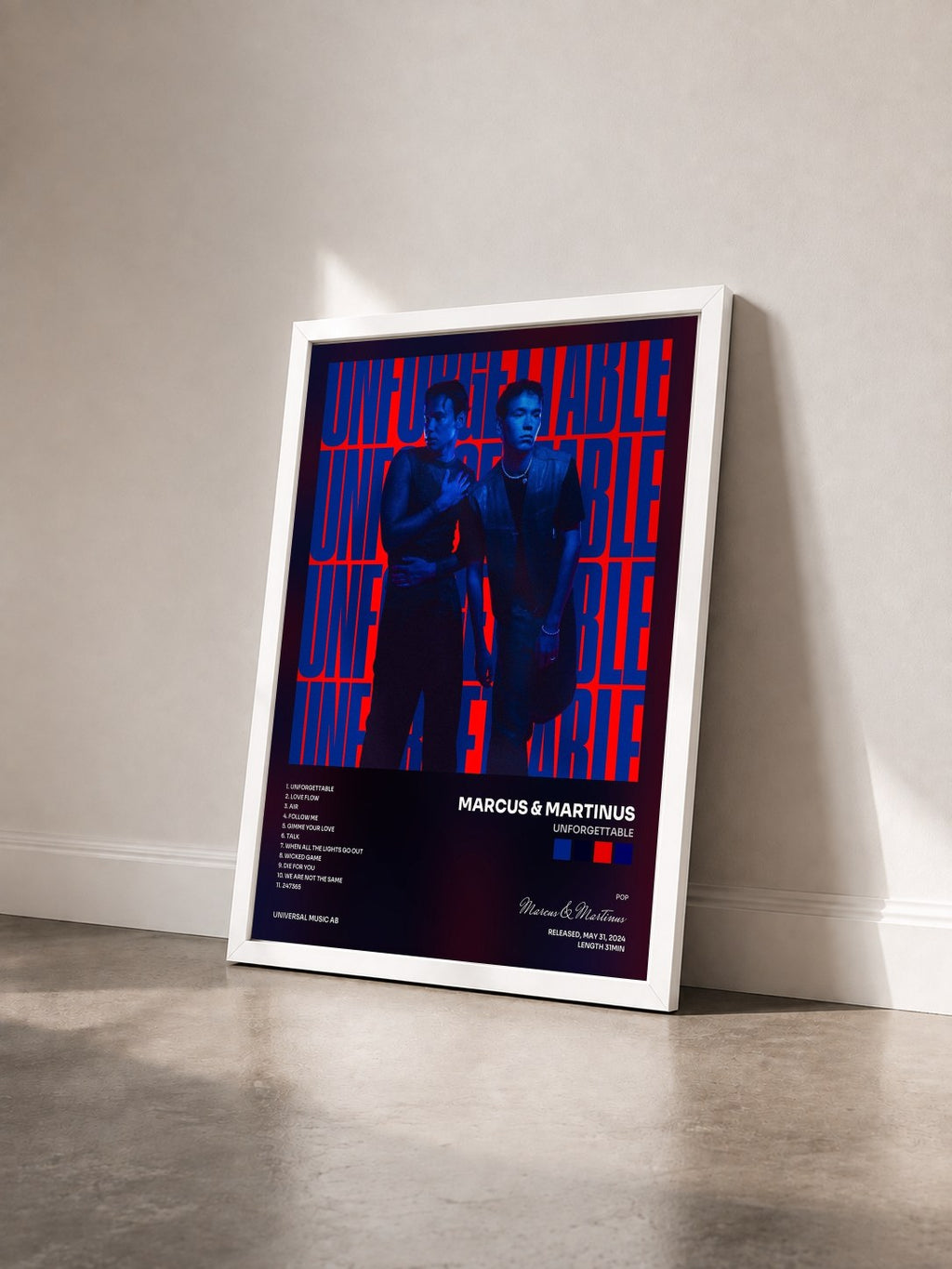 #blanc Tableau de l'album Unforgettable de Marcus & Martinus vu de trois quarts, cadre blanc