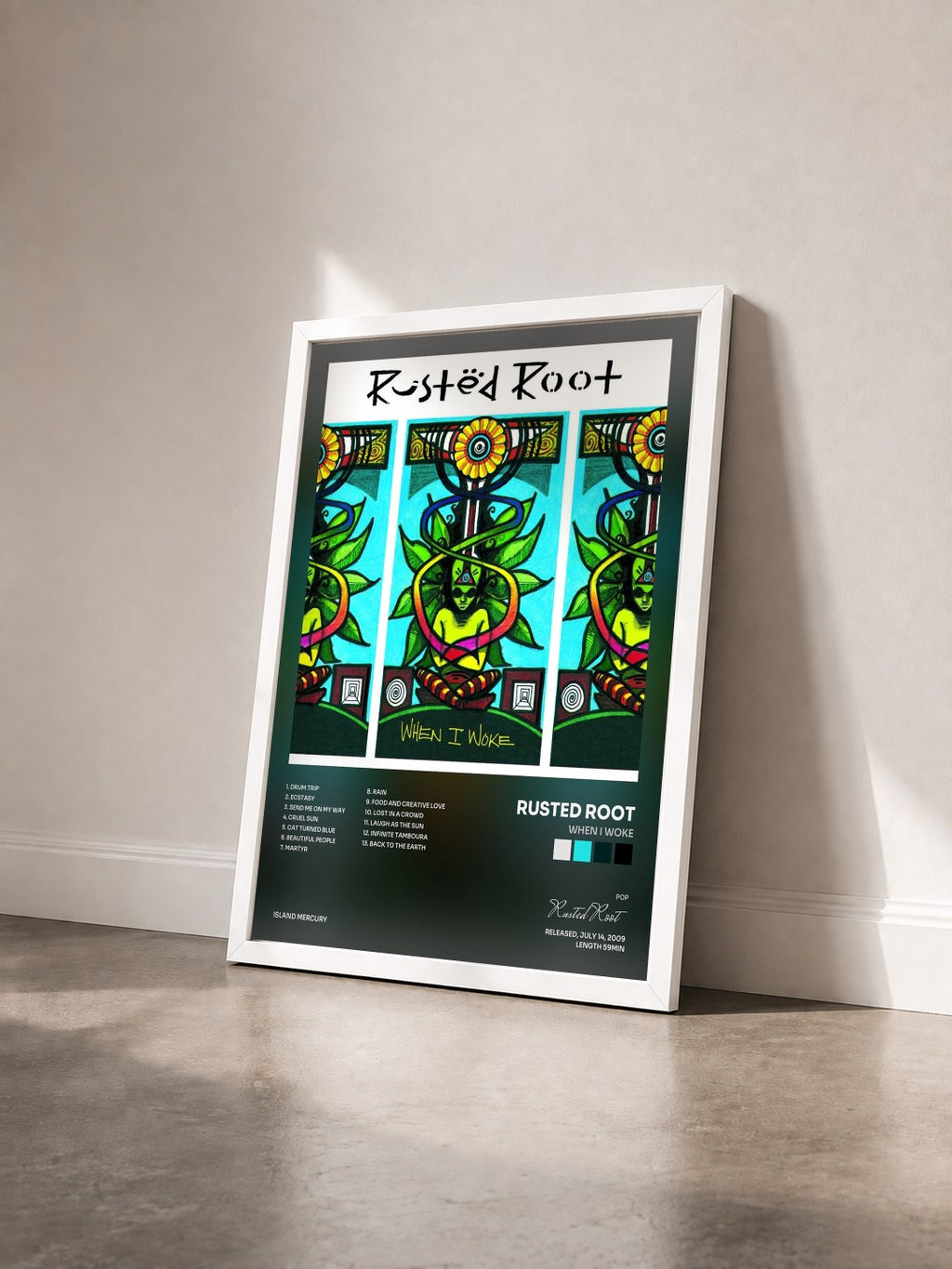 #blanc Tableau de l'album When I Woke de Rusted Root vu de trois quarts, cadre blanc