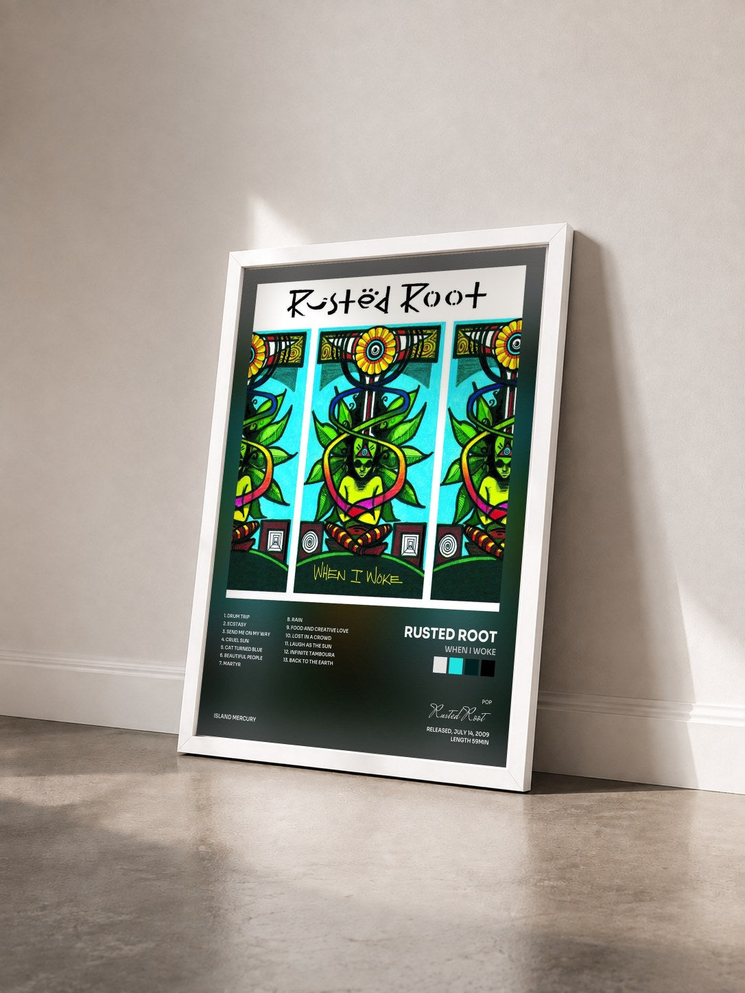 #blanc Tableau de l'album When I Woke de Rusted Root vu de trois quarts, cadre blanc