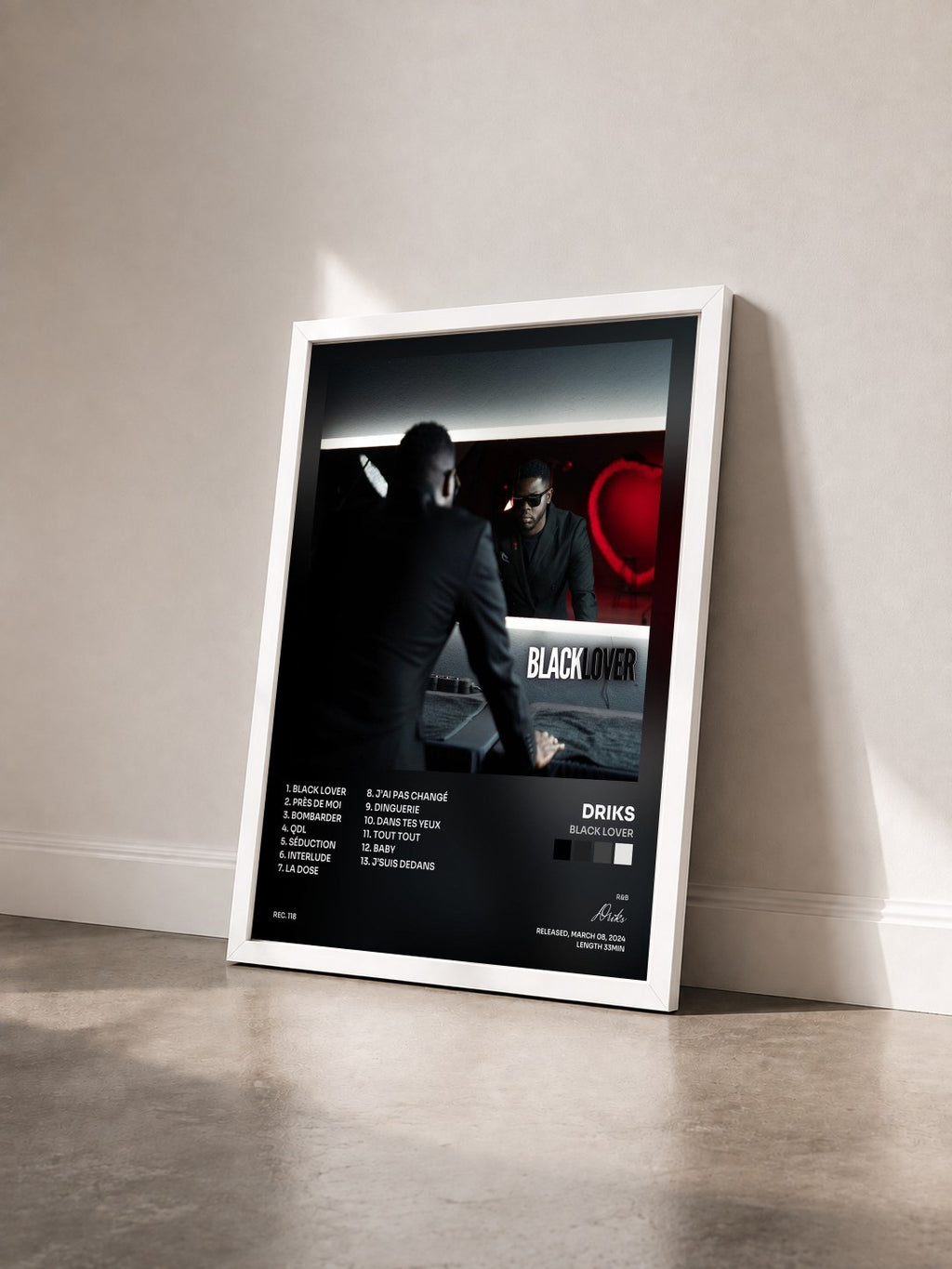 #blanc Tableau de l'album Black Lover de Driks vu de trois quarts, cadre blanc