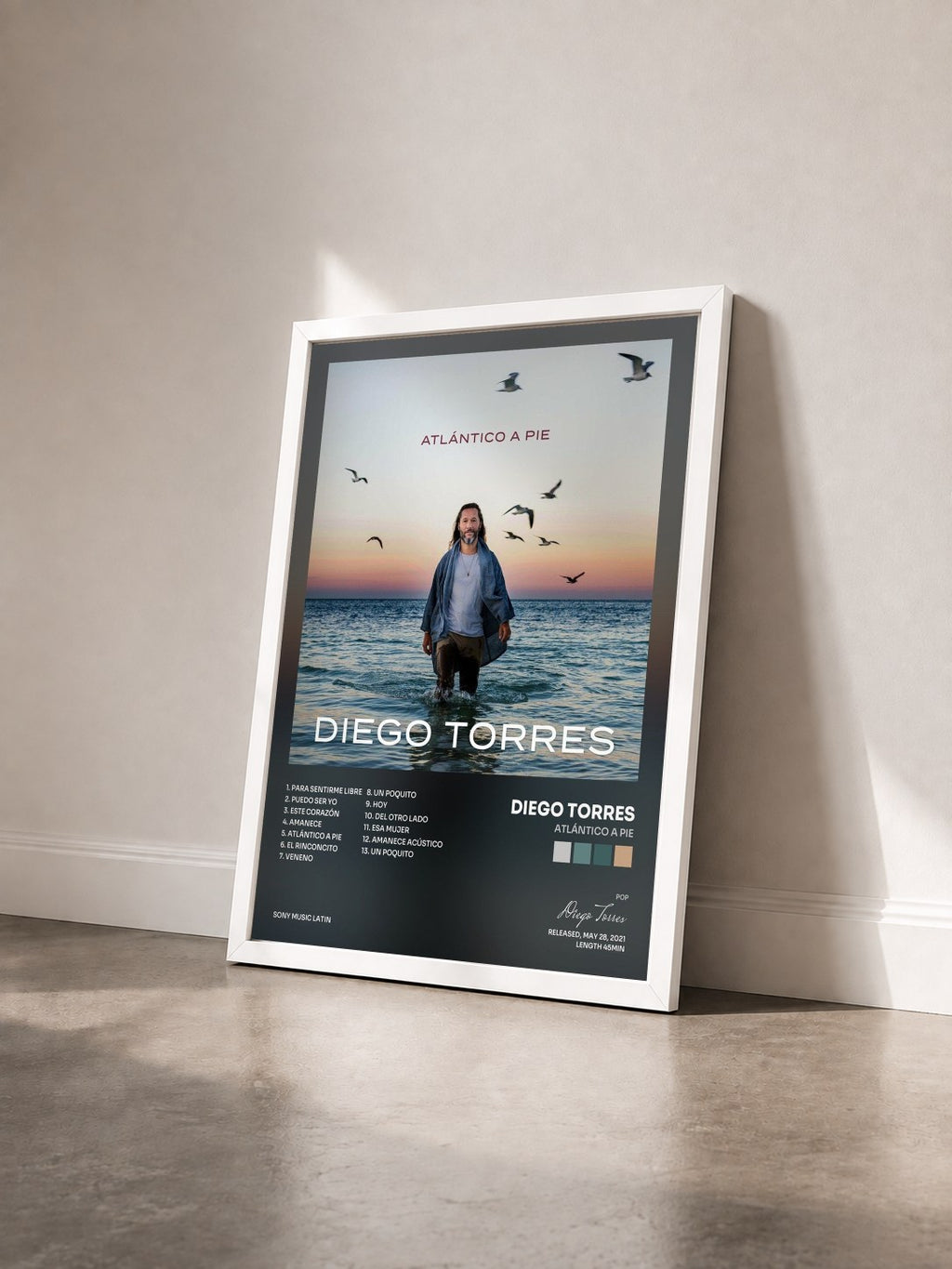#blanc Tableau de l'album Atlántico a Pie de Diego Torres vu de trois quarts, cadre blanc