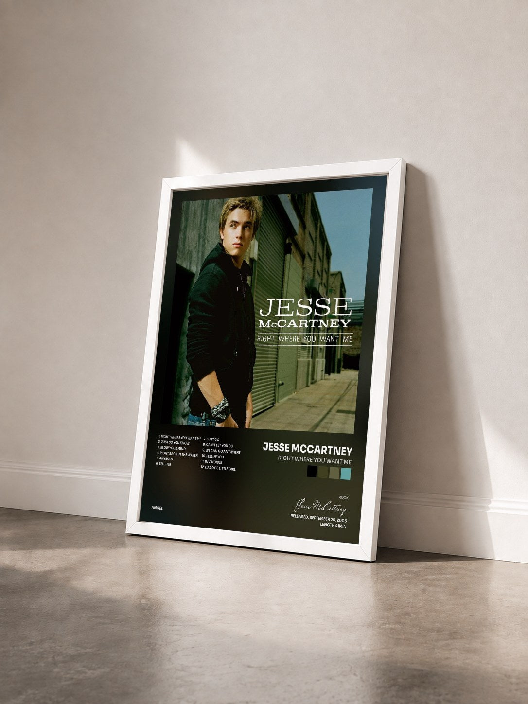 #blanc Tableau de l'album Right Where You Want Me de Jesse McCartney vu de trois quarts, cadre blanc