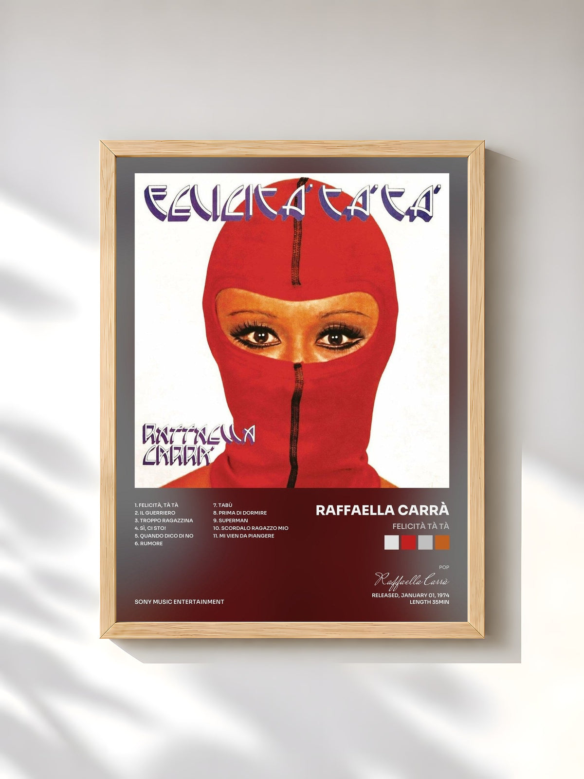 #bois Tableau de l'album Felicità Tà Tà de Raffaella Carrà, cadre en bois brut, imprimé et encadré en France