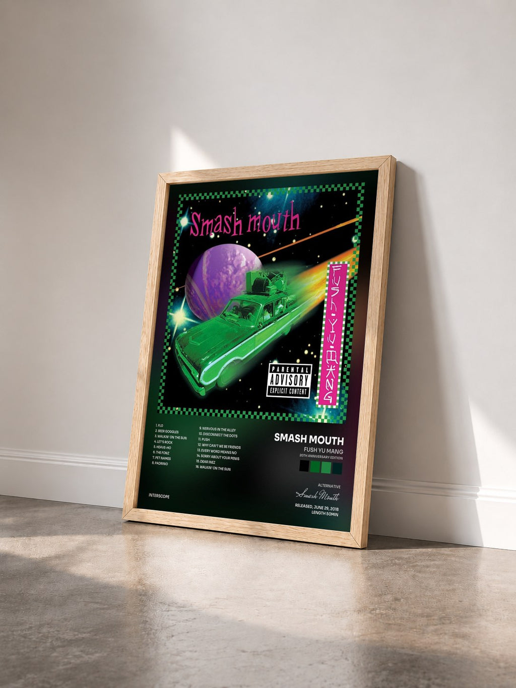 #bois Tableau de l'album Fush Yu Mang (20th Anniversary Edition) de Smash Mouth vu de trois quarts, cadre en bois brut