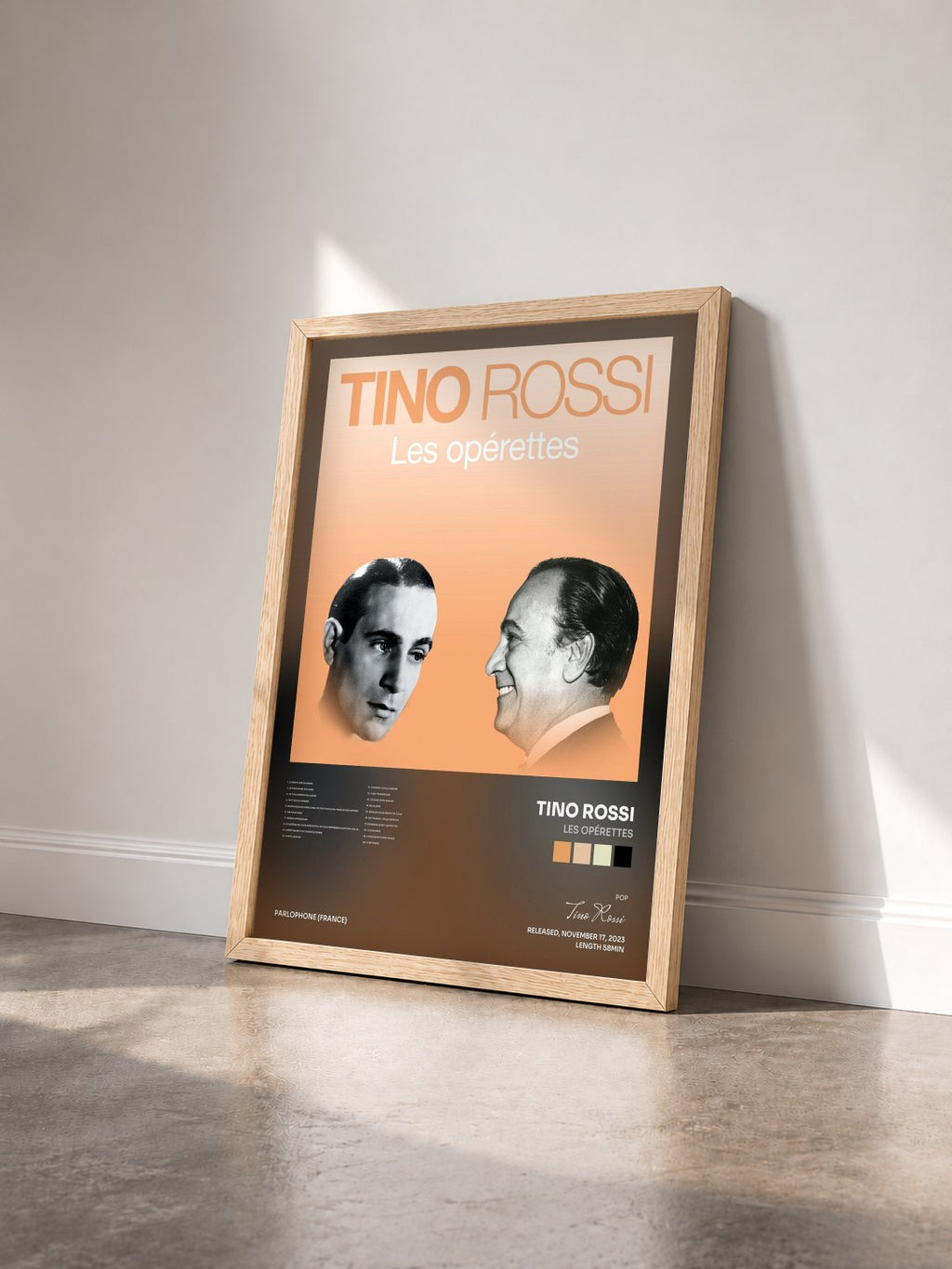 #bois Tableau de l'album Les opérettes de Tino Rossi vu de trois quarts, cadre en bois brut