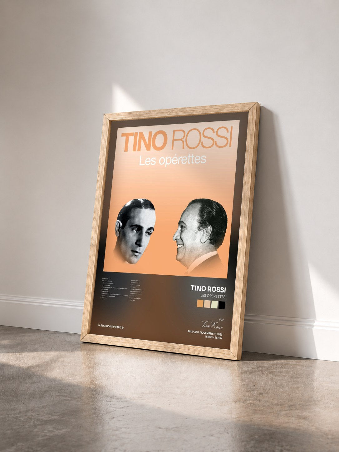 #bois Tableau de l'album Les opérettes de Tino Rossi vu de trois quarts, cadre en bois brut