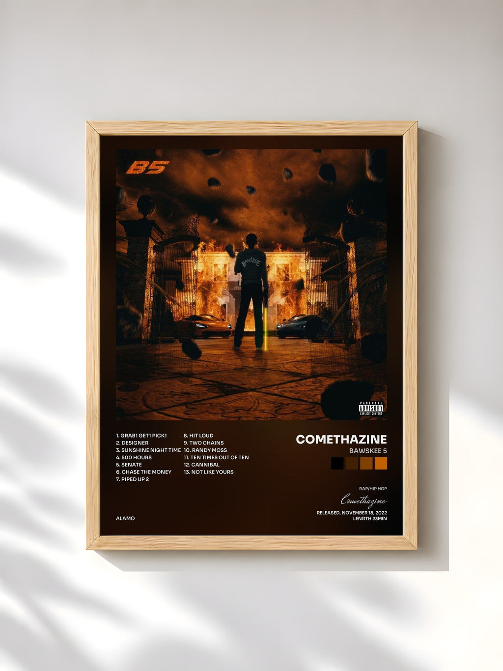 #bois Tableau de l'album Bawskee 5 de Comethazine, cadre en bois brut, imprimé et encadré en France