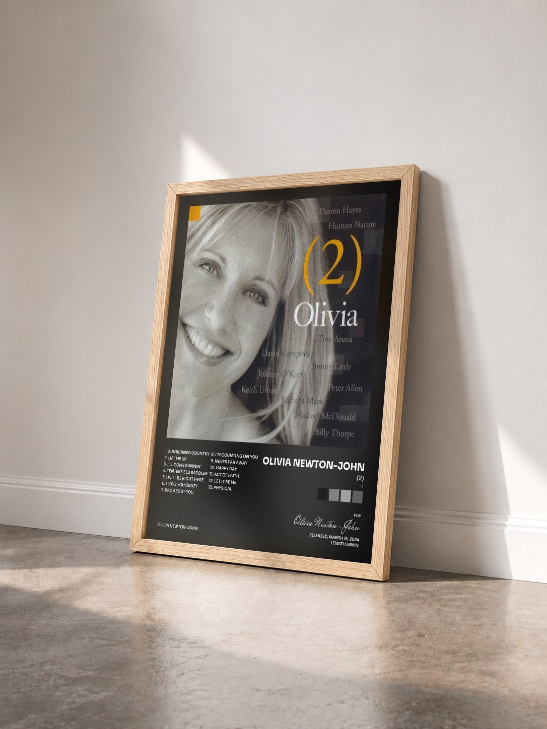 #bois Tableau de l'album (2) de Olivia Newton-John vu de trois quarts, cadre en bois brut