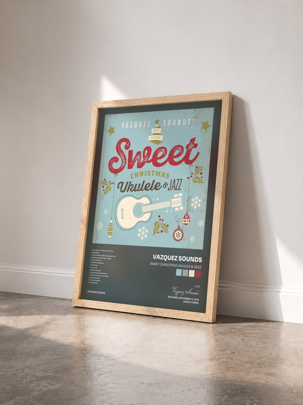 #bois Tableau de l'album Sweet Christmas Ukulele & Jazz de Vazquez Sounds vu de trois quarts, cadre en bois brut