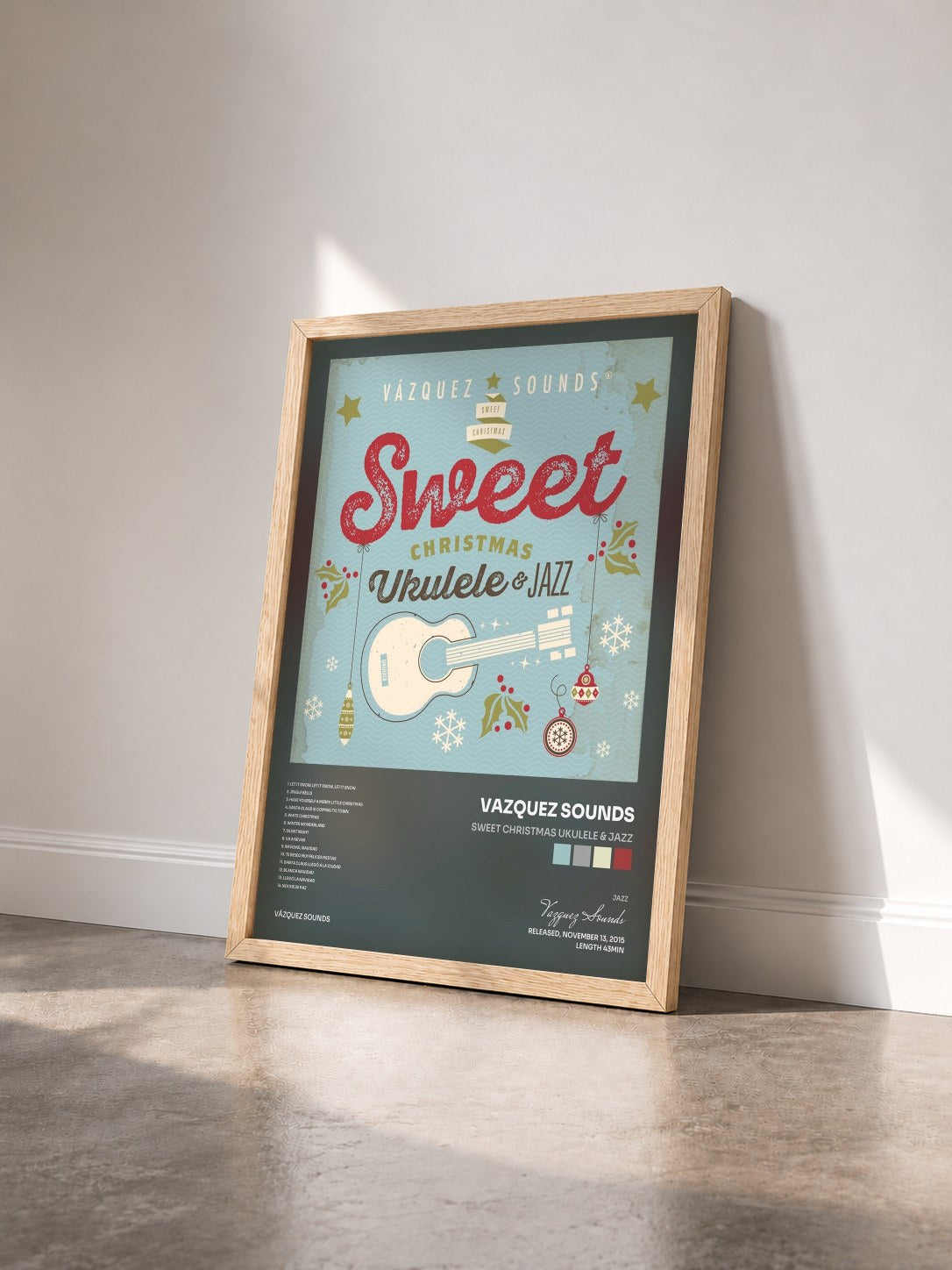 #bois Tableau de l'album Sweet Christmas Ukulele & Jazz de Vazquez Sounds vu de trois quarts, cadre en bois brut