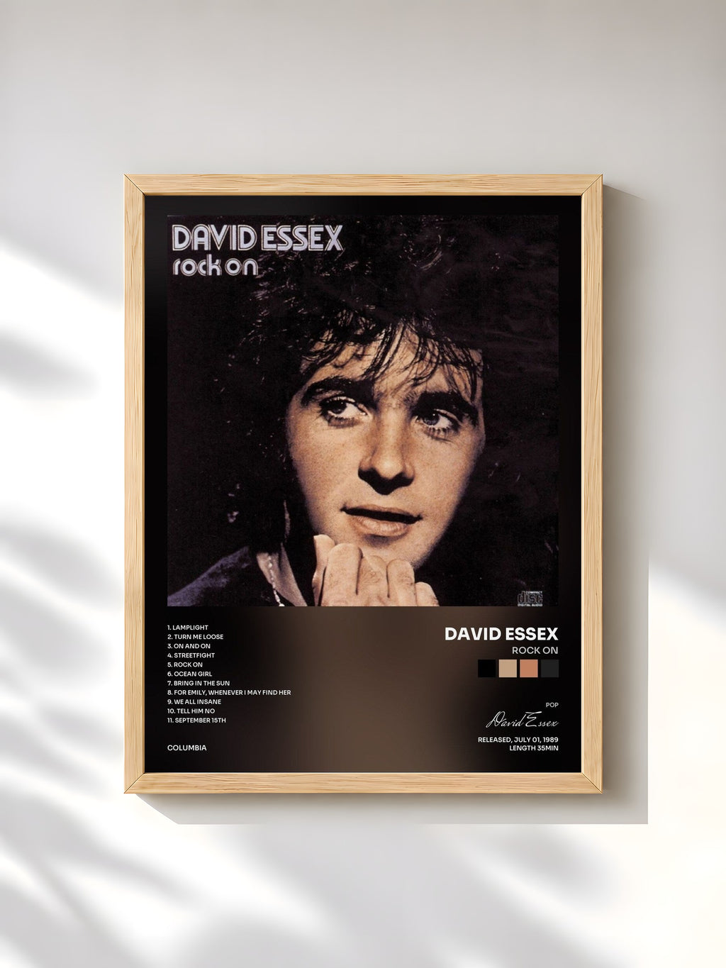 #bois Tableau de l'album Rock On de David Essex, cadre en bois brut, imprimé et encadré en France