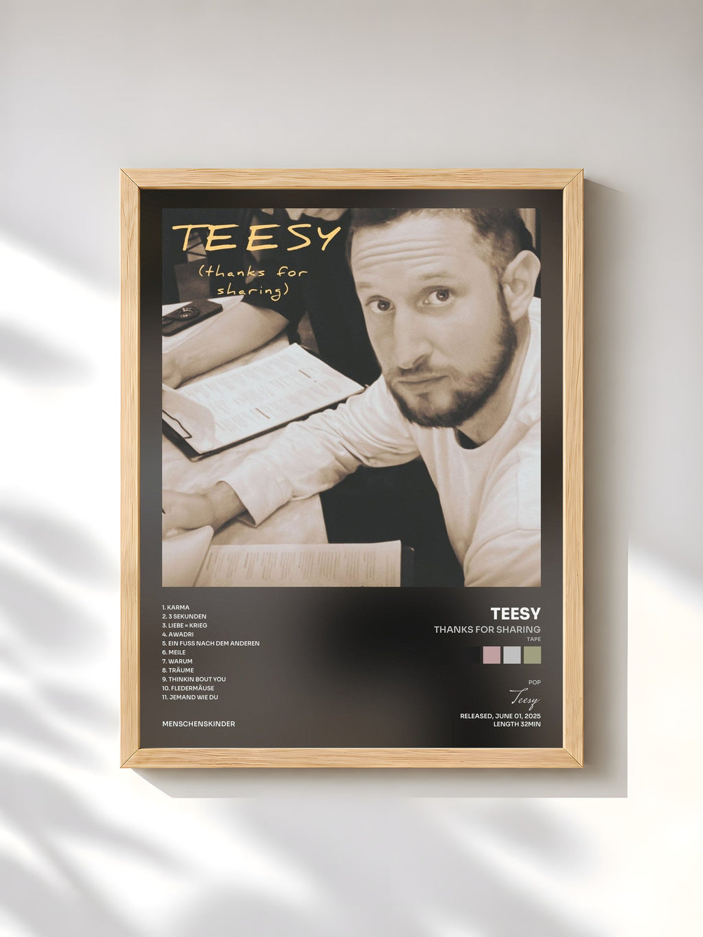 #bois Tableau de l'album Thanks for Sharing (Tape) de Teesy, cadre en bois brut, imprimé et encadré en France
