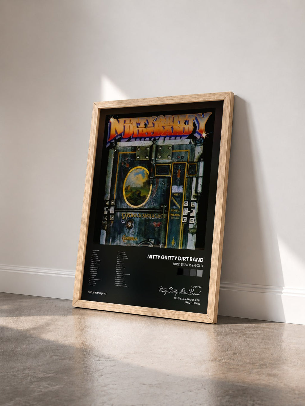 #bois Tableau de l'album Dirt, Silver & Gold de Nitty Gritty Dirt Band vu de trois quarts, cadre en bois brut