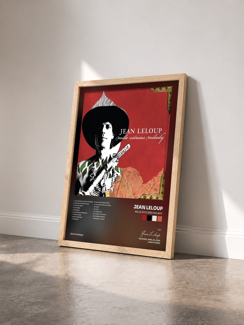 #bois Tableau de l'album Mille excuses Milady de Jean Leloup vu de trois quarts, cadre en bois brut