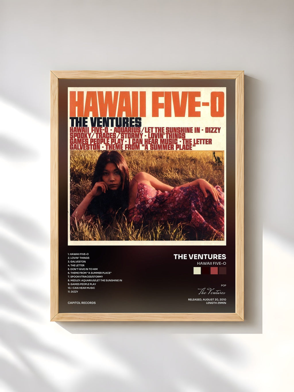 #bois Tableau de l'album Hawaii Five-O de The Ventures, cadre en bois brut, imprimé et encadré en France