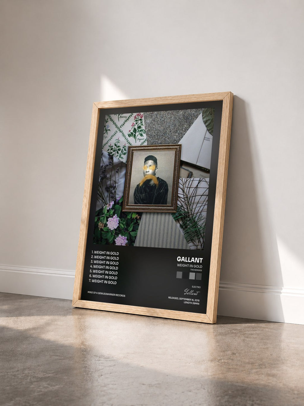 #bois Tableau de l'album Weight in Gold (The Remixes) de Gallant vu de trois quarts, cadre en bois brut