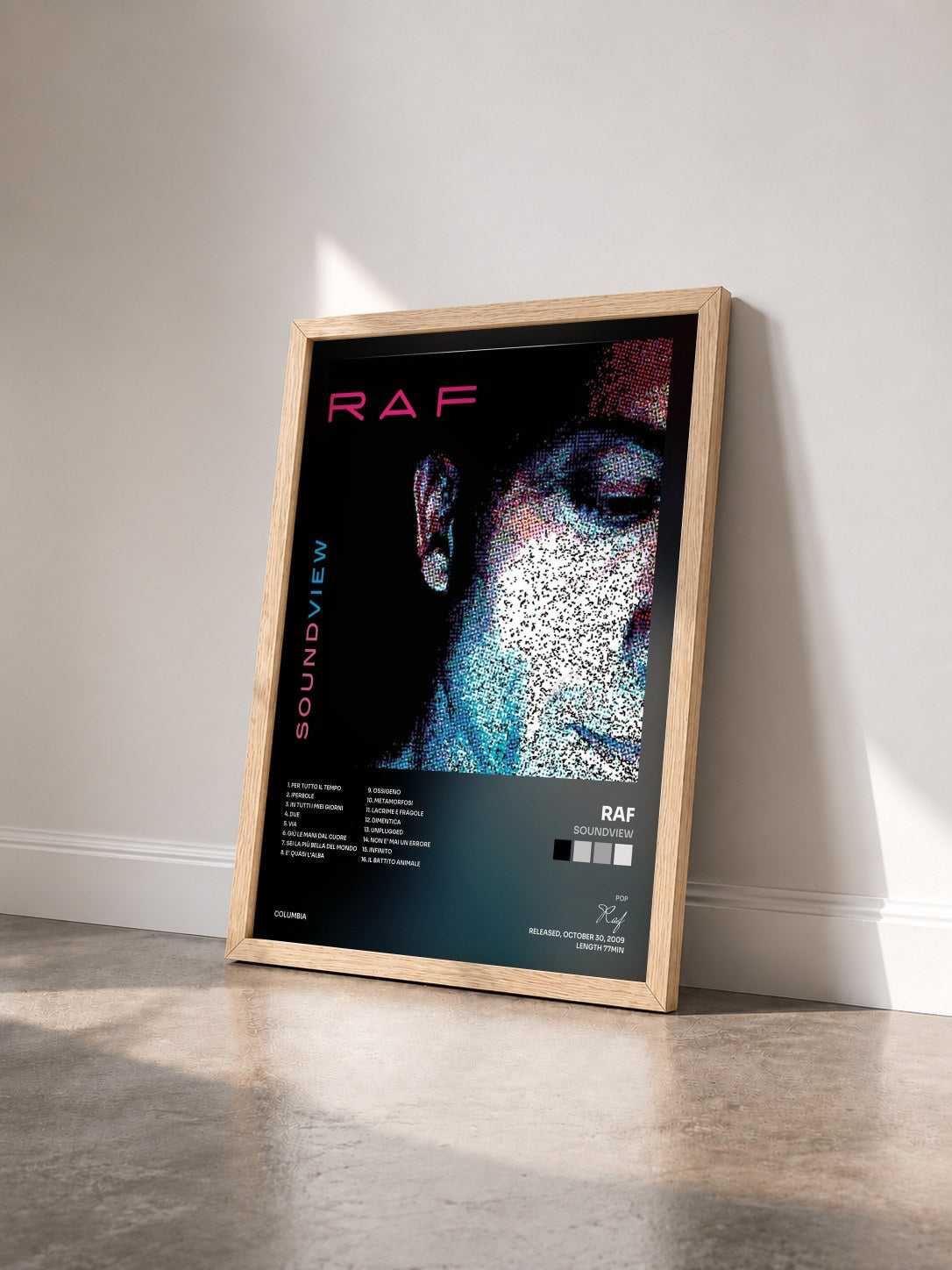 #bois Tableau de l'album Soundview de Raf vu de trois quarts, cadre en bois brut