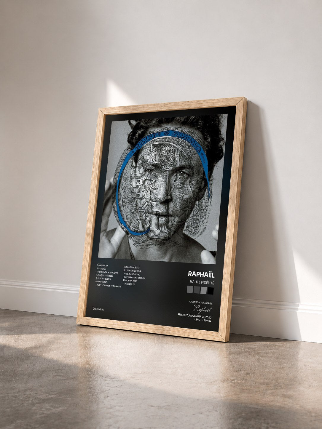 #bois Tableau de l'album Haute fidélité de Raphaël vu de trois quarts, cadre en bois brut