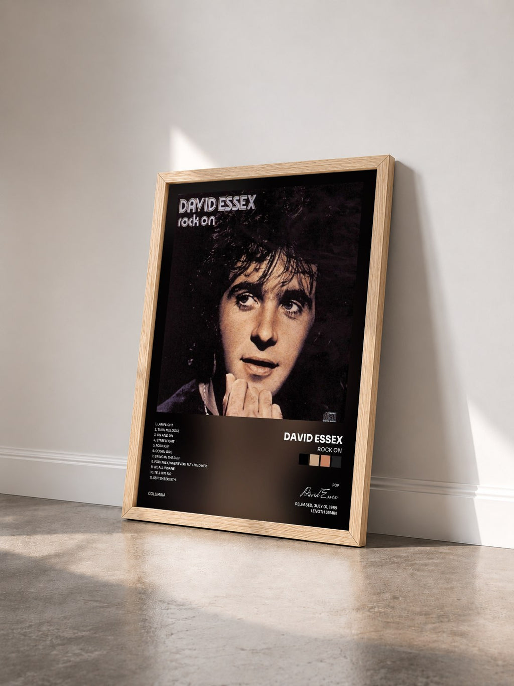 #bois Tableau de l'album Rock On de David Essex vu de trois quarts, cadre en bois brut