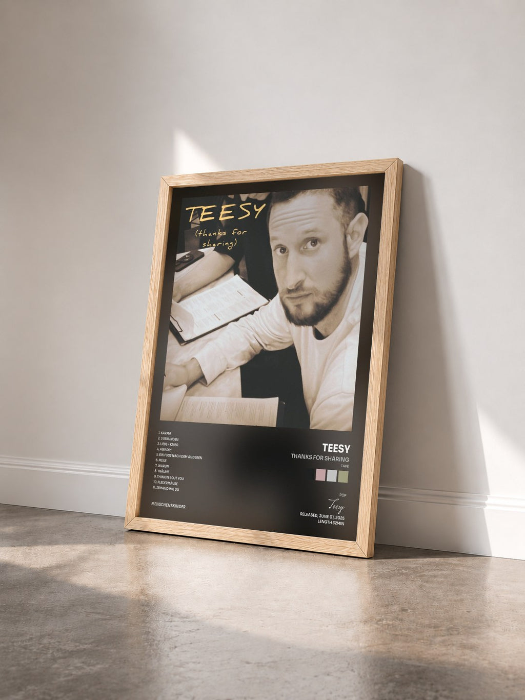 #bois Tableau de l'album Thanks for Sharing (Tape) de Teesy vu de trois quarts, cadre en bois brut