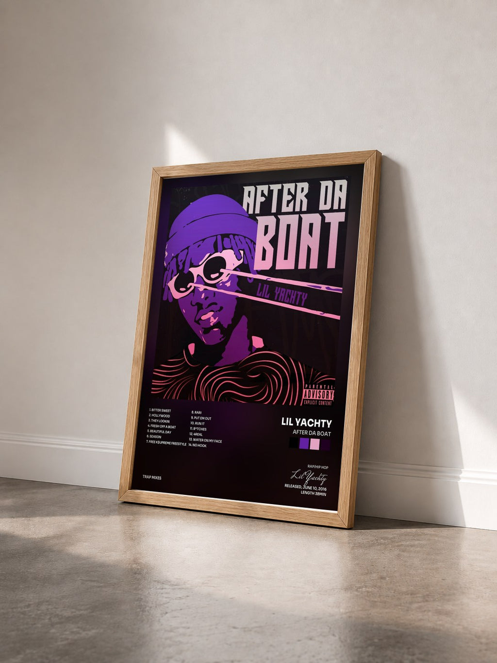 #bois Tableau de l'album After Da Boat de Lil Yachty vu de trois quarts, cadre en bois brut
