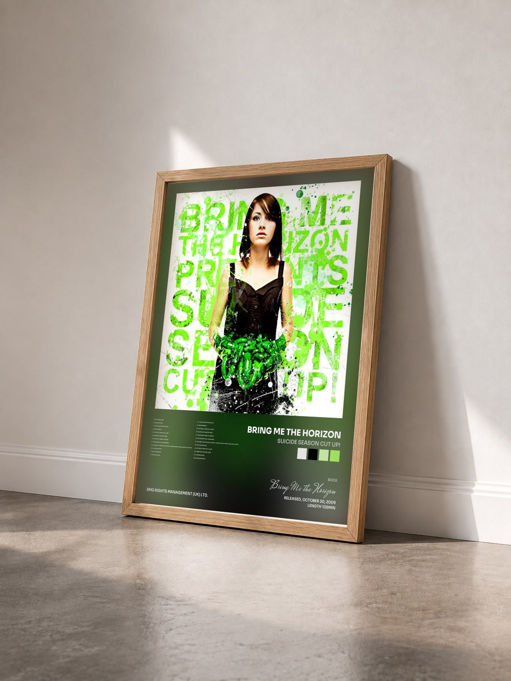 #bois Tableau de l'album Suicide Season Cut Up! de Bring Me the Horizon vu de trois quarts, cadre en bois brut