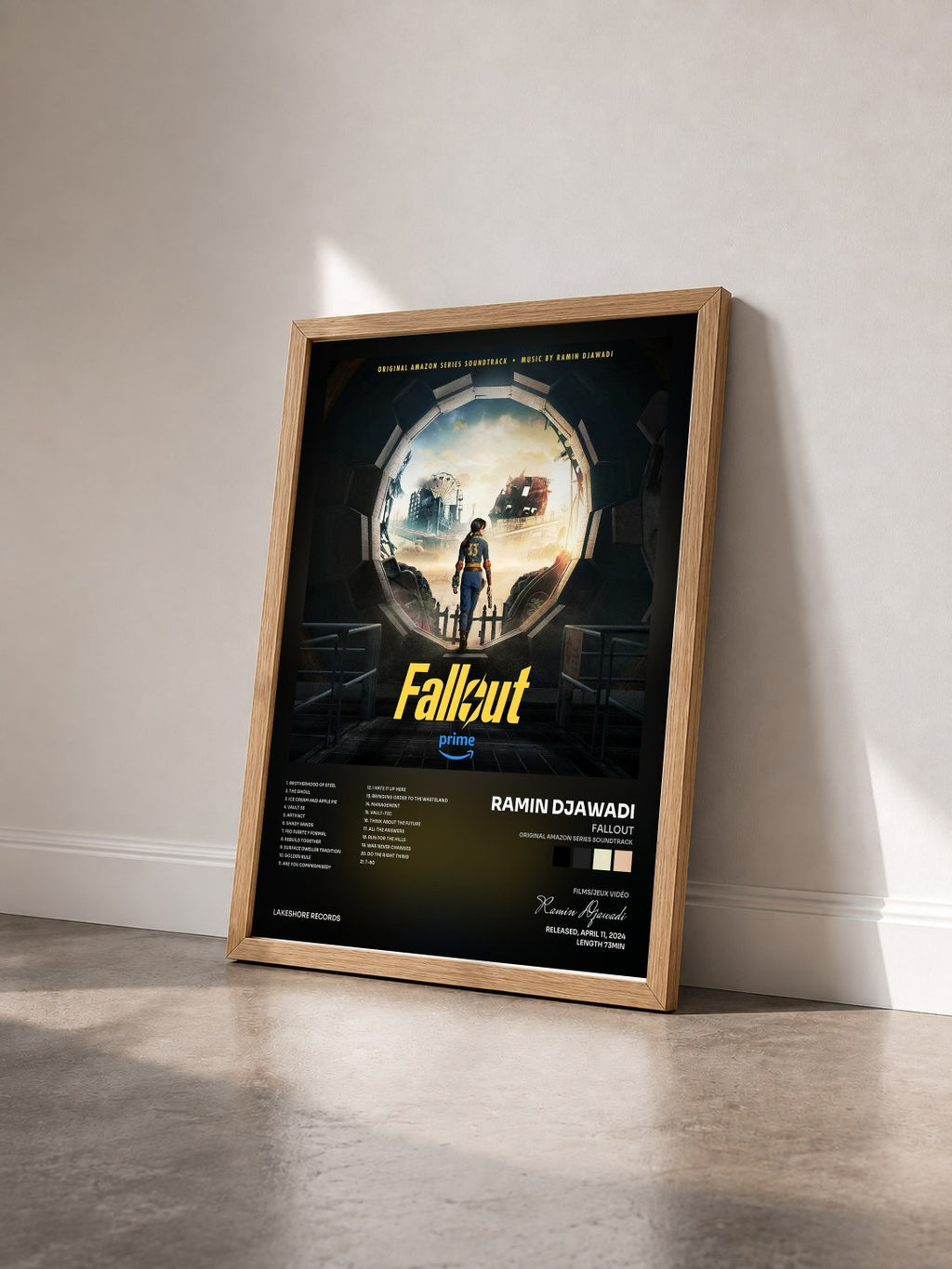 #bois Tableau de l'album Fallout (Original Amazon Series Soundtrack) de Ramin Djawadi vu de trois quarts, cadre en bois brut