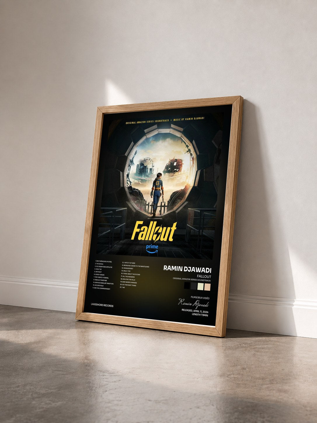 #bois Tableau de l'album Fallout (Original Amazon Series Soundtrack) de Ramin Djawadi vu de trois quarts, cadre en bois brut
