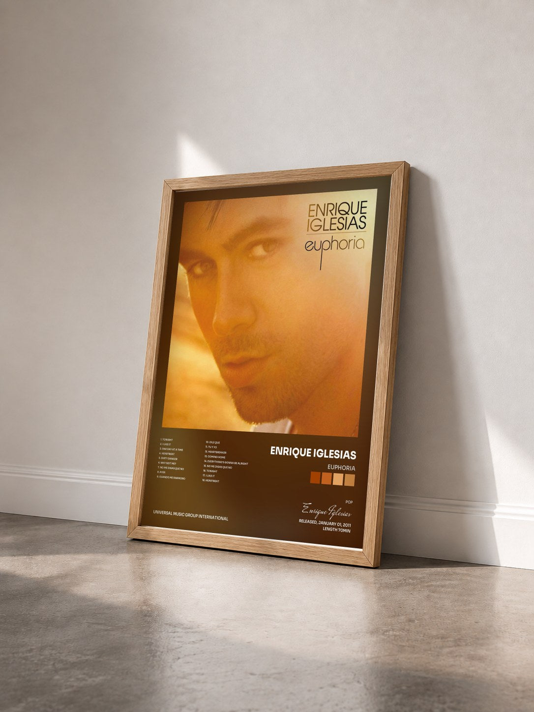 #bois Tableau de l'album Euphoria de Enrique Iglesias vu de trois quarts, cadre en bois brut