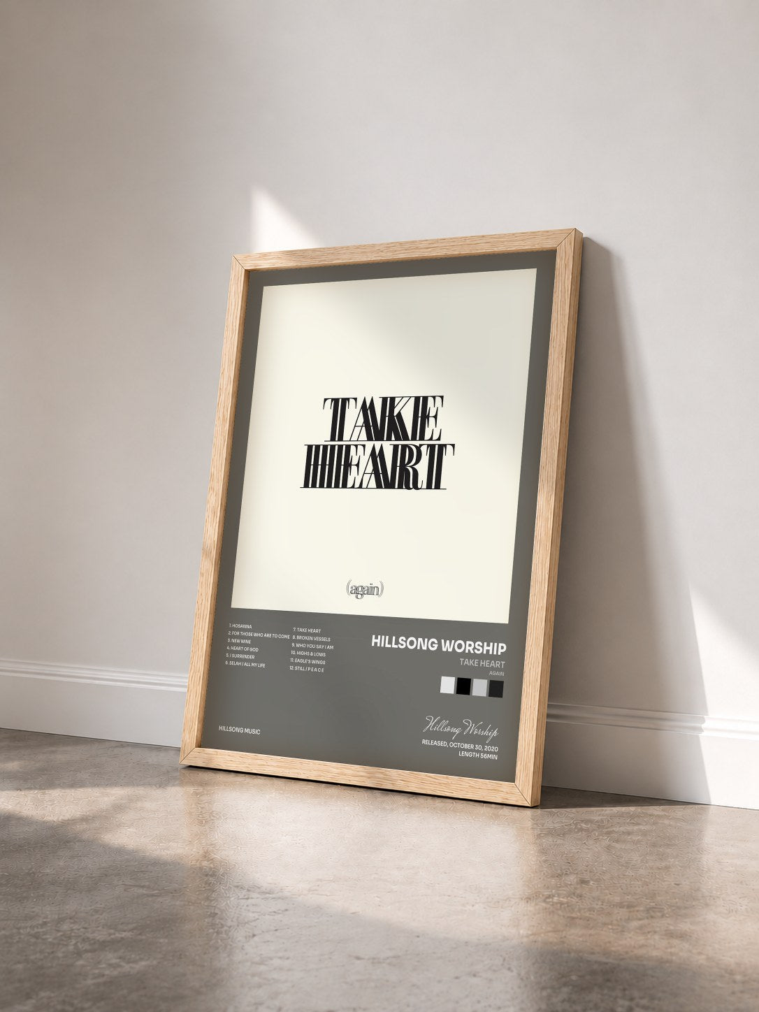 #bois Tableau de l'album Take Heart (Again) de Hillsong Worship vu de trois quarts, cadre en bois brut