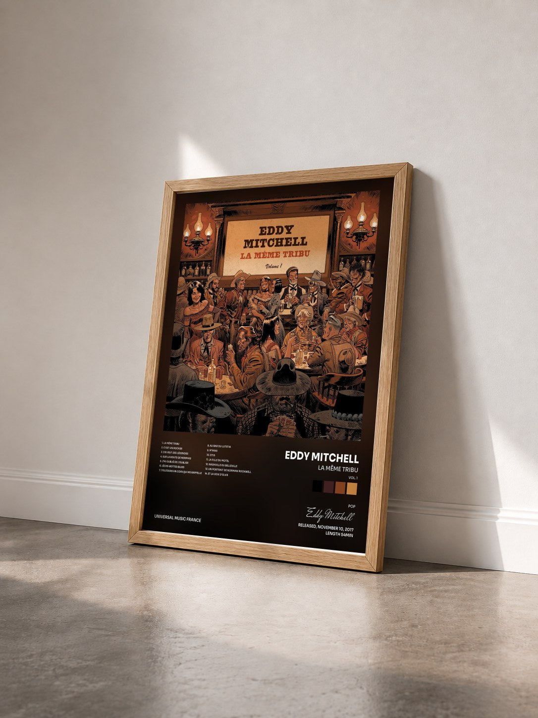 #bois Tableau de l'album La même tribu (Vol. 1) de Eddy Mitchell vu de trois quarts, cadre en bois brut