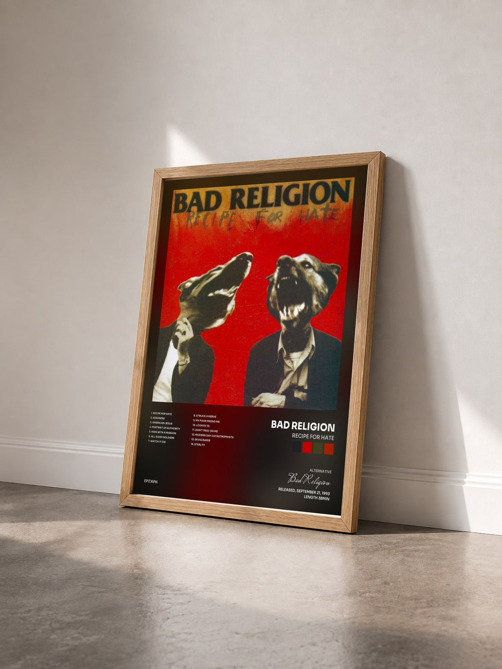 #bois Tableau de l'album Recipe For Hate de Bad Religion vu de trois quarts, cadre en bois brut