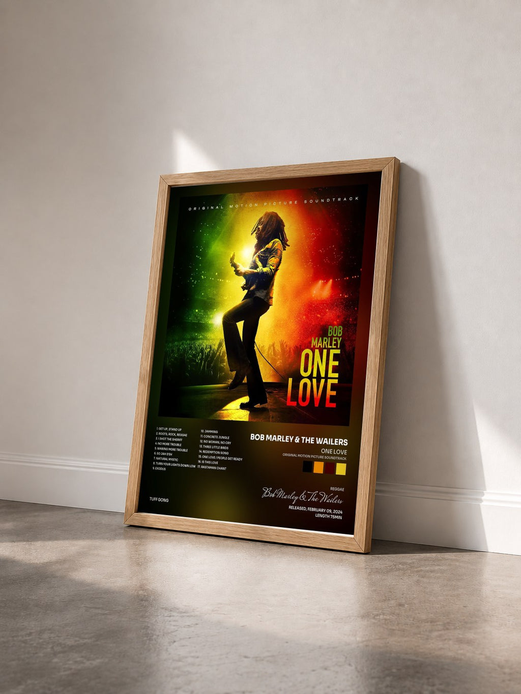 #bois Tableau de l'album One Love (Original Motion Picture Soundtrack) de Bob Marley & The Wailers vu de trois quarts, cadre en bois brut