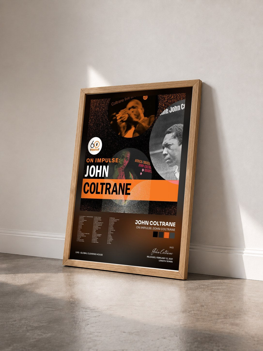 #bois Tableau de l'album On Impulse: John Coltrane de John Coltrane vu de trois quarts, cadre en bois brut