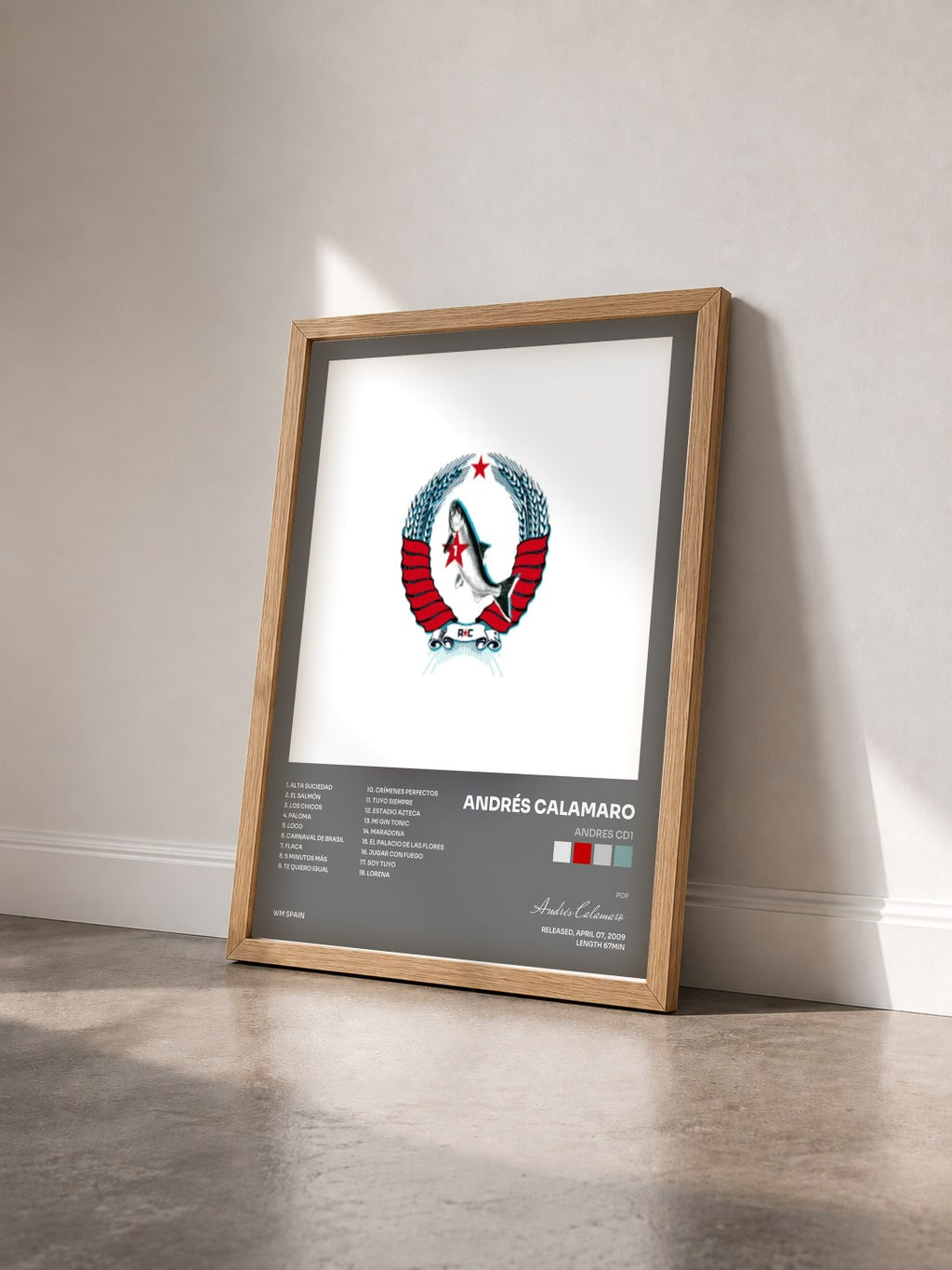 #bois Tableau de l'album Andres CD1 de Andrés Calamaro vu de trois quarts, cadre en bois brut