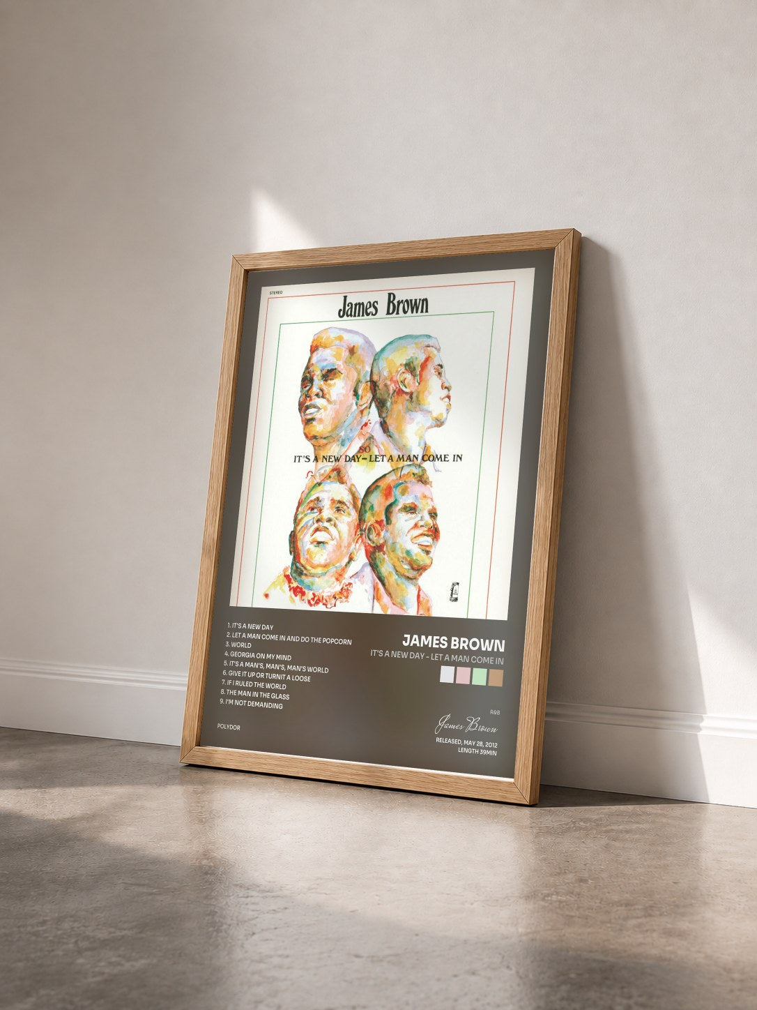 #bois Tableau de l'album It's A New Day - Let A Man Come In de James Brown vu de trois quarts, cadre en bois brut