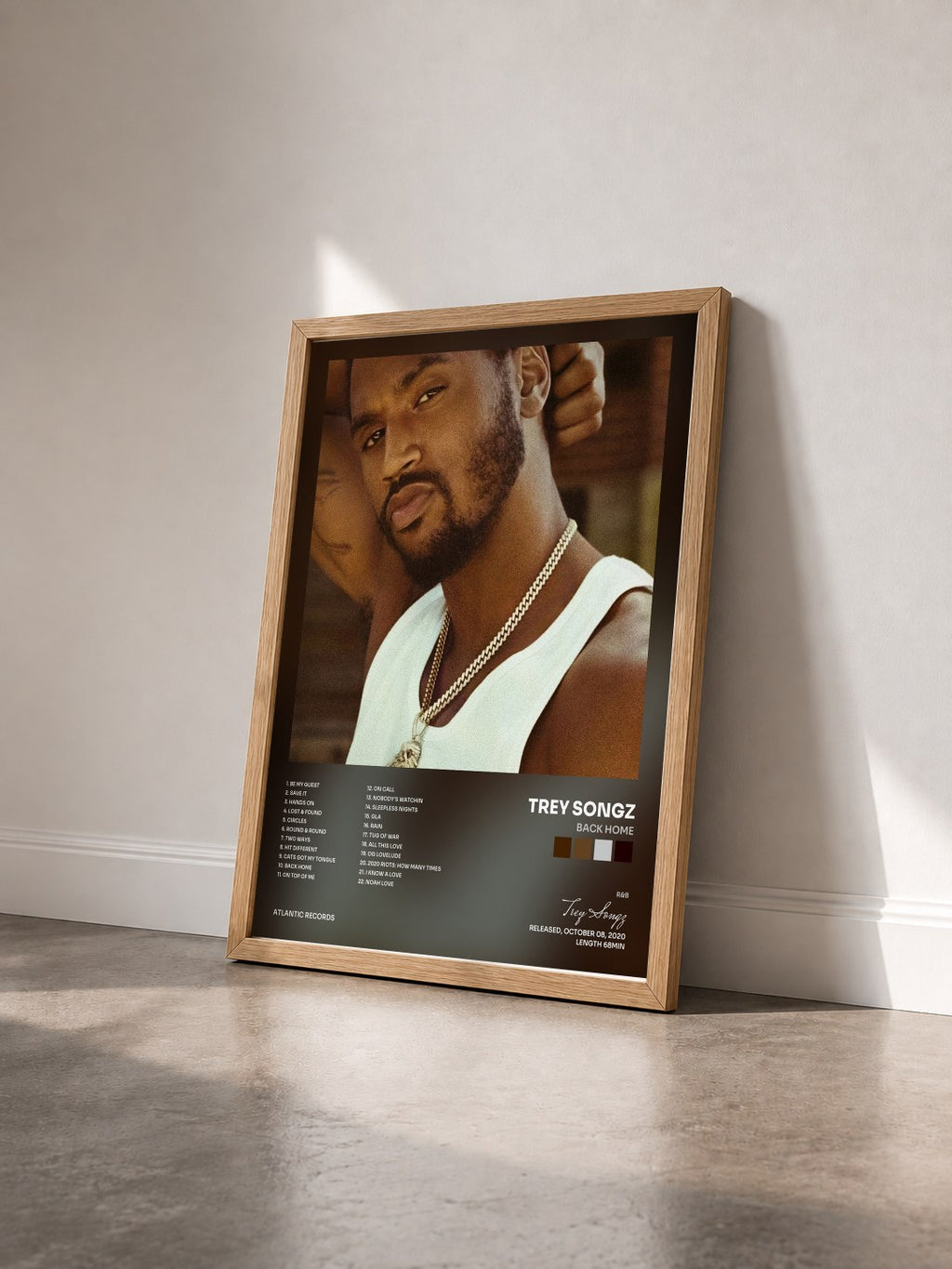 #bois Tableau de l'album Back Home de Trey Songz vu de trois quarts, cadre en bois brut