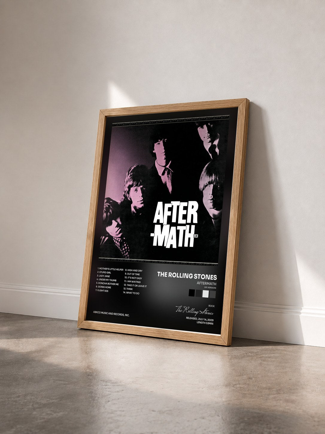 #bois Tableau de l'album Aftermath (UK Version) de The Rolling Stones vu de trois quarts, cadre en bois brut
