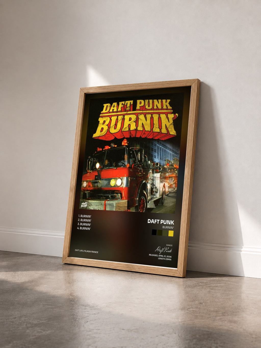 #bois Tableau de l'album Burnin' de Daft Punk vu de trois quarts, cadre en bois brut