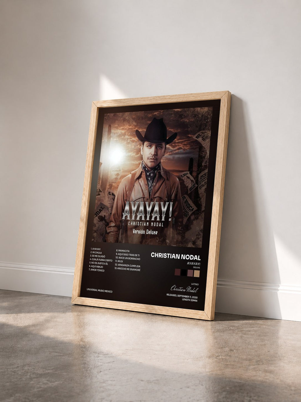 #bois Tableau de l'album AYAYAY! (Deluxe) de Christian Nodal vu de trois quarts, cadre en bois brut