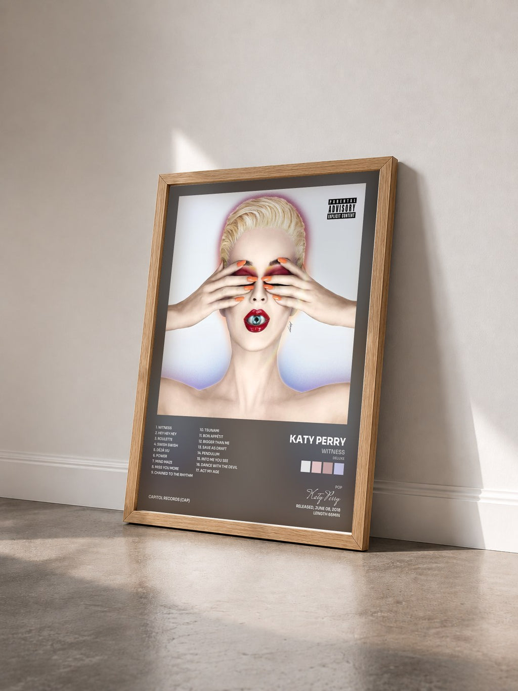 #bois Tableau de l'album Witness (Deluxe) de Katy Perry vu de trois quarts, cadre en bois brut