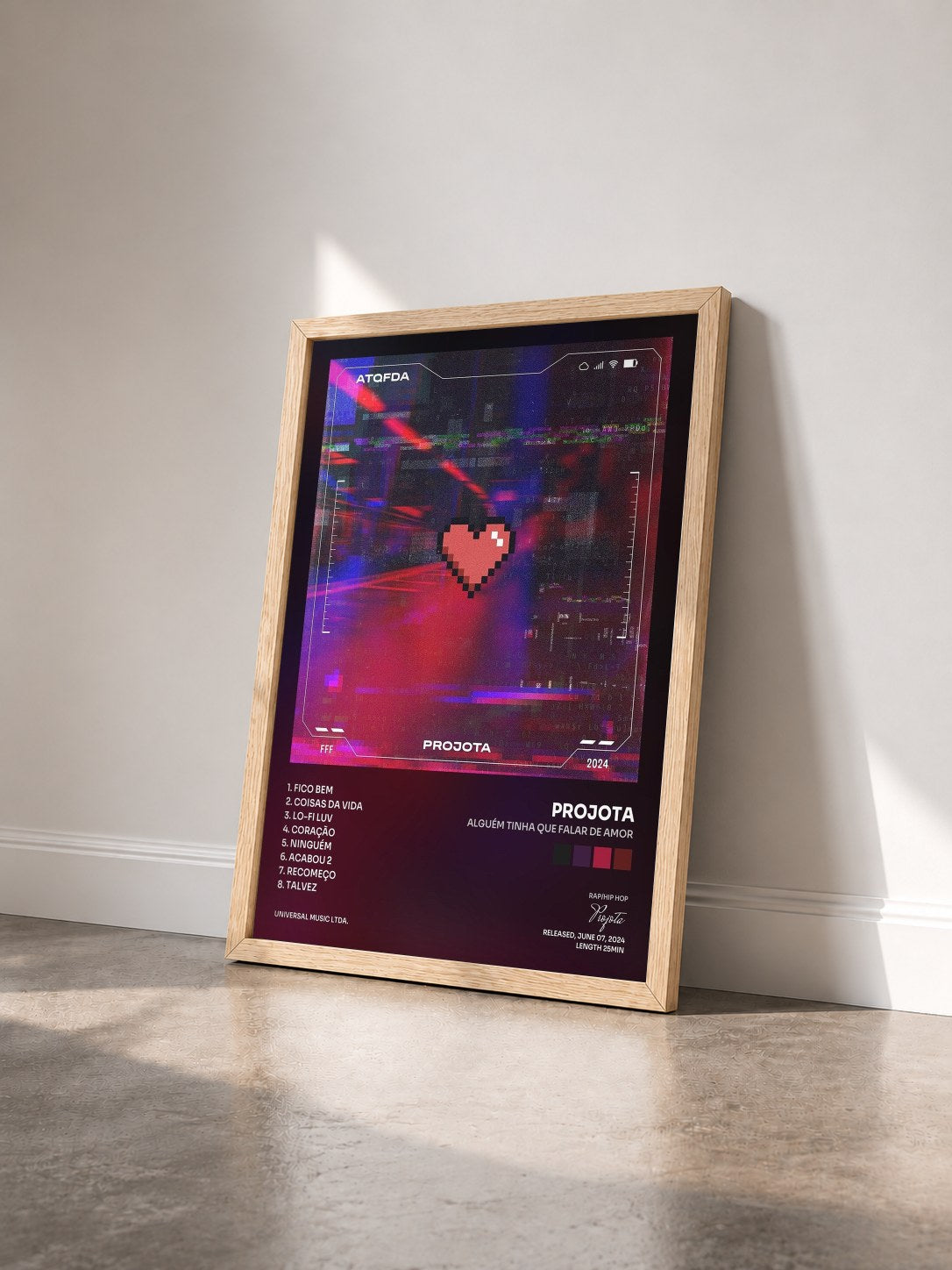 #bois Tableau de l'album Alguém Tinha Que Falar De Amor de Projota vu de trois quarts, cadre en bois brut